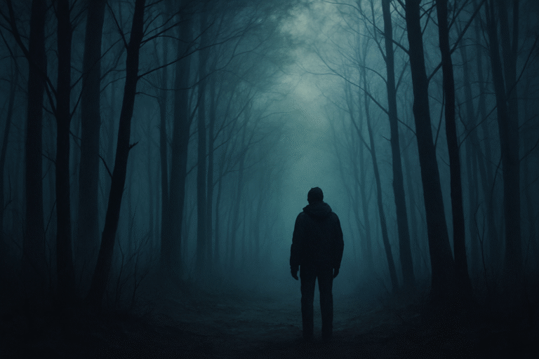 Capa de blog com atmosfera de ficção científica mostrando uma floresta sombria e criatura misteriosa, inspirada em Stranger Things