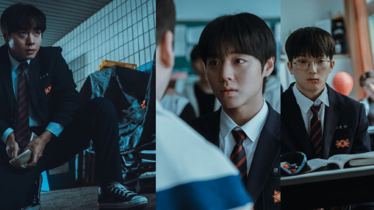 Si-eun em Cena do drama coreano de ação escolar, com estudantes em situações intensas e atmosfera de suspense