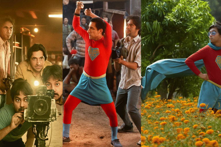 Cena divertida e inspiradora do filme Superboys de Malegaon, com personagens filmando e vestidos de super-herói.