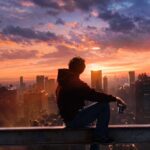 Peter Parker sentado numa viga observando Nova York ao pôr do sol em Homem-Aranha: Um Novo Dia
