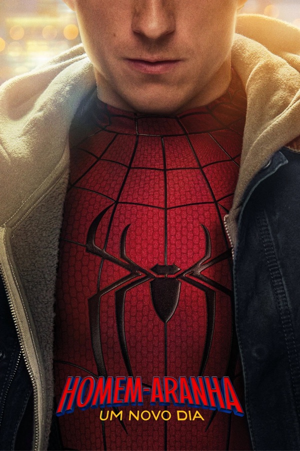 Pôster oficial brasileiro de Homem-Aranha: Um Novo Dia com Tom Holland e o uniforme sob o moletom