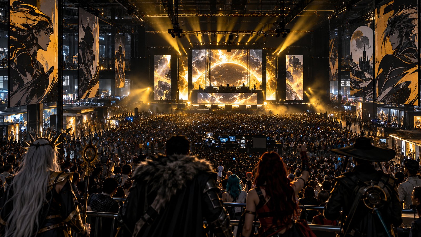Pavilhão de festival de cultura pop com palco iluminado e público, capa da cobertura da CCXP 2026