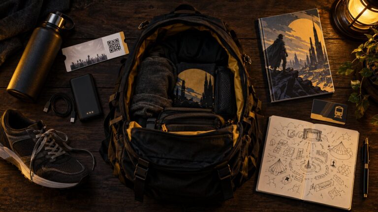 Mochila com itens para levar a um festival de cultura pop, capa do guia da CCXP 2026