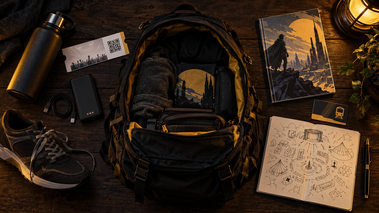 Mochila com itens para levar a um festival de cultura pop, capa do guia da CCXP 2026